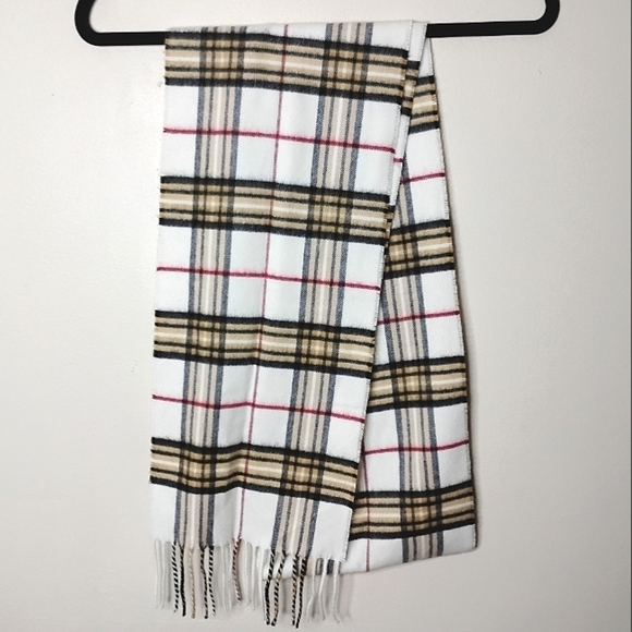 V. Fraas Plaid Scarf White Tan Black Super Soft Fringe Made in Germany Preppy - Picture 2 of 4